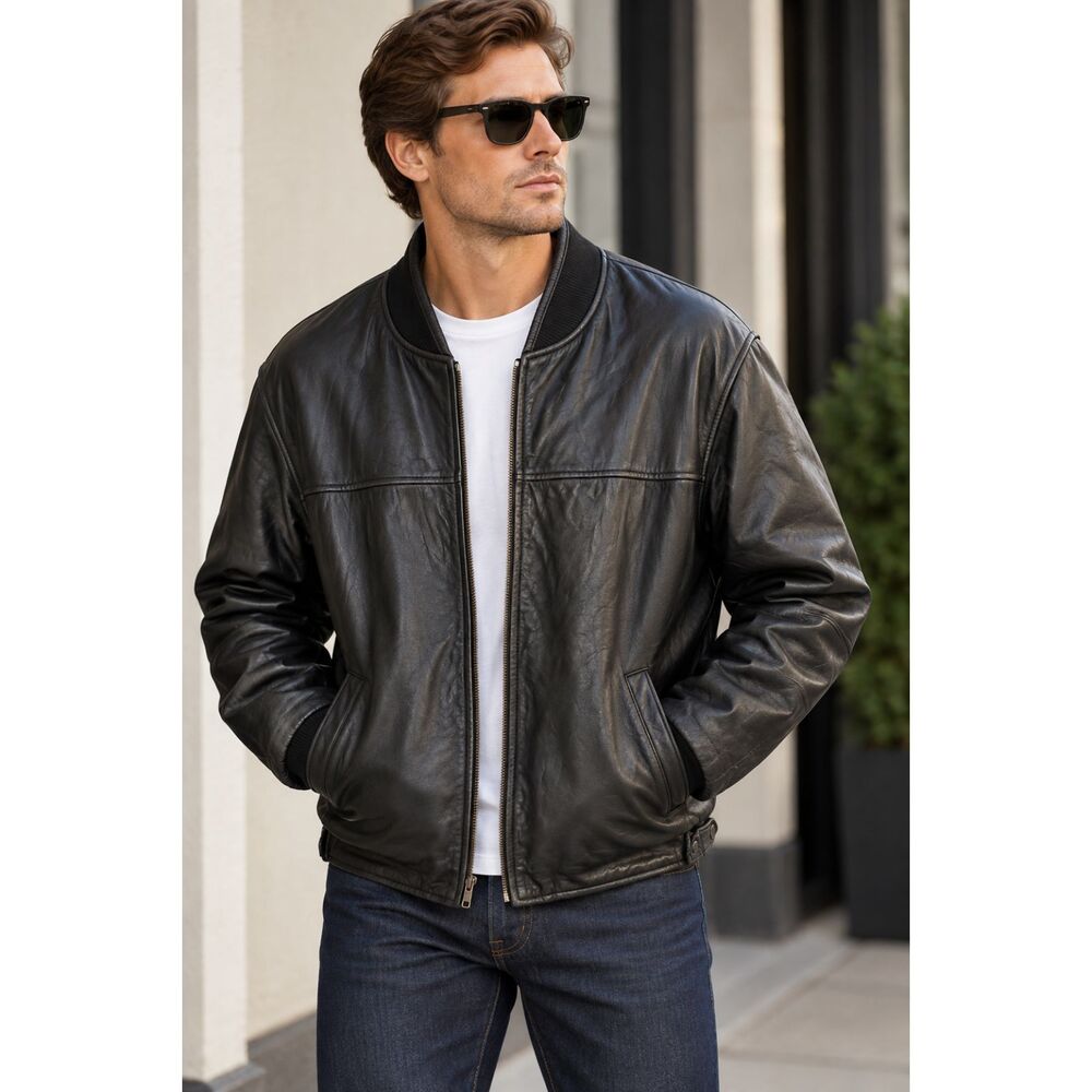 Cuir du Monde Genuine Leather Bomber Jacket Black Men’s Large Fits XL